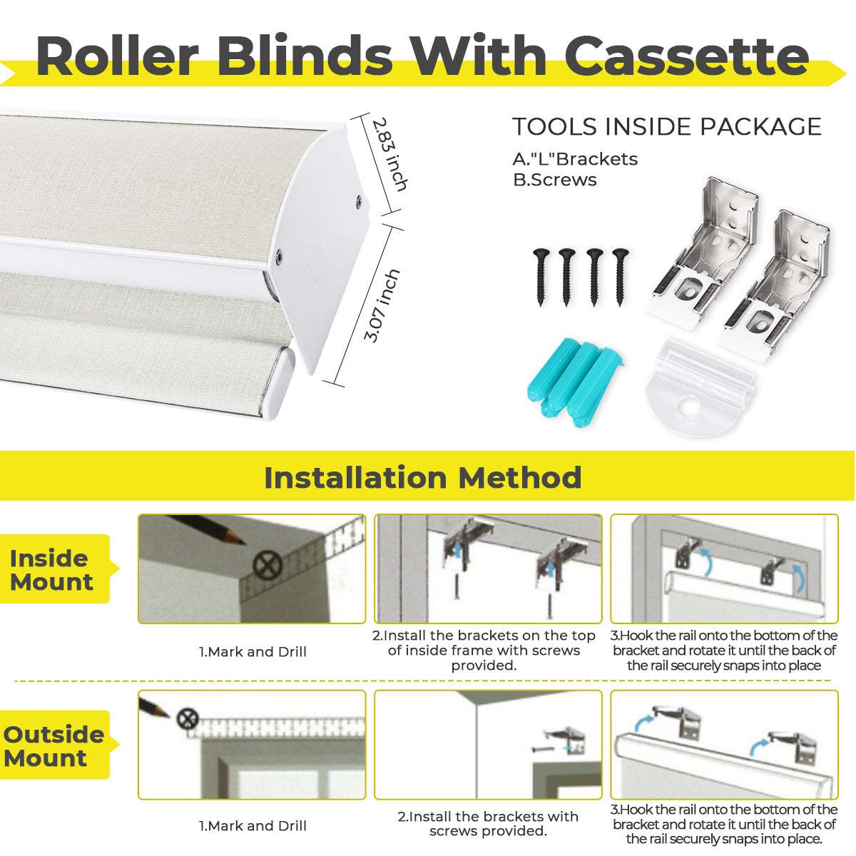 Installation guide for custom cordless cassette blackout roller shades, showing the simple mounting process for inside and outside window installation.