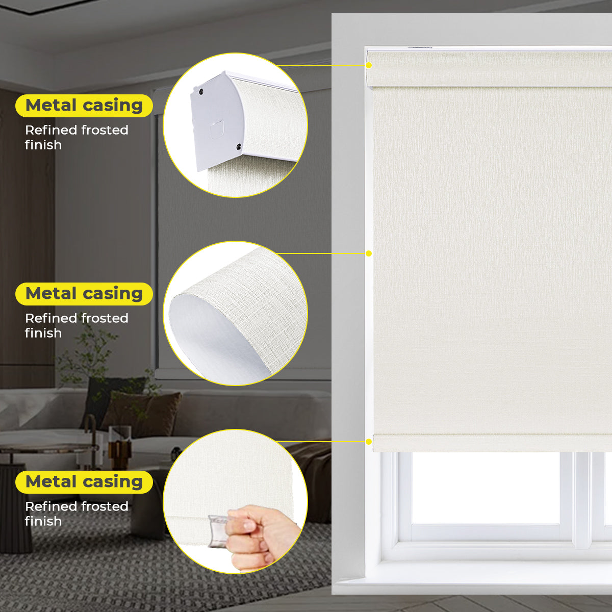 Close-up of custom cordless cassette blackout roller shades, highlighting the premium aluminum cassette, durable blackout fabric, precision craftsmanship, and modern finish.