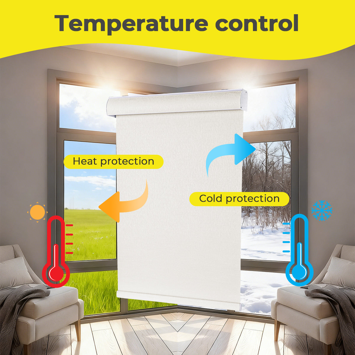 Custom cordless cassette blackout roller shades help regulate indoor temperature by reducing heat in summer and improving insulation during colder seasons.