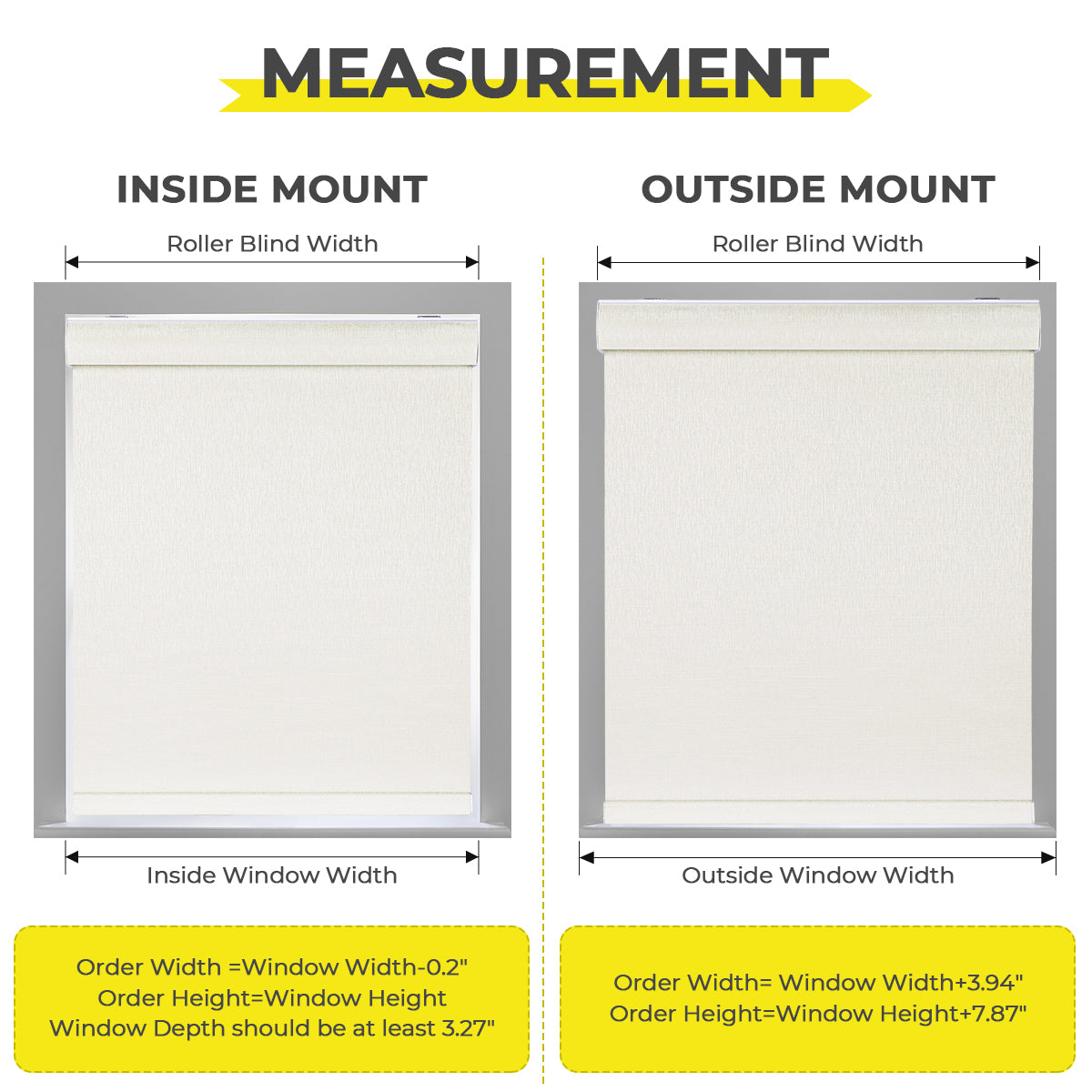 Window measurement guide for custom cordless cassette blackout roller shades, showing how to measure windows accurately for a perfect made-to-measure fit.