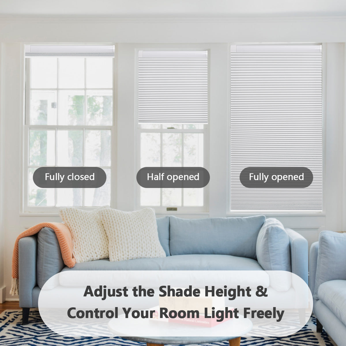 Cordless cellular shades light control demo, fully closed half opened fully opened honeycomb blinds for living room