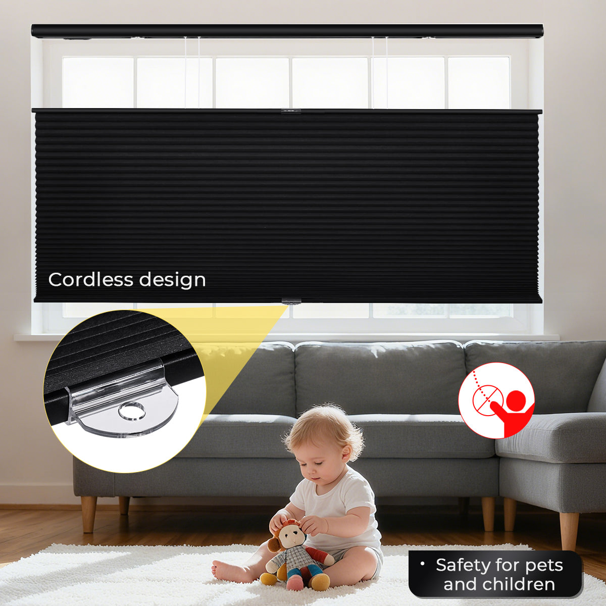 Cordless blackout honeycomb shades safe for children and pets
