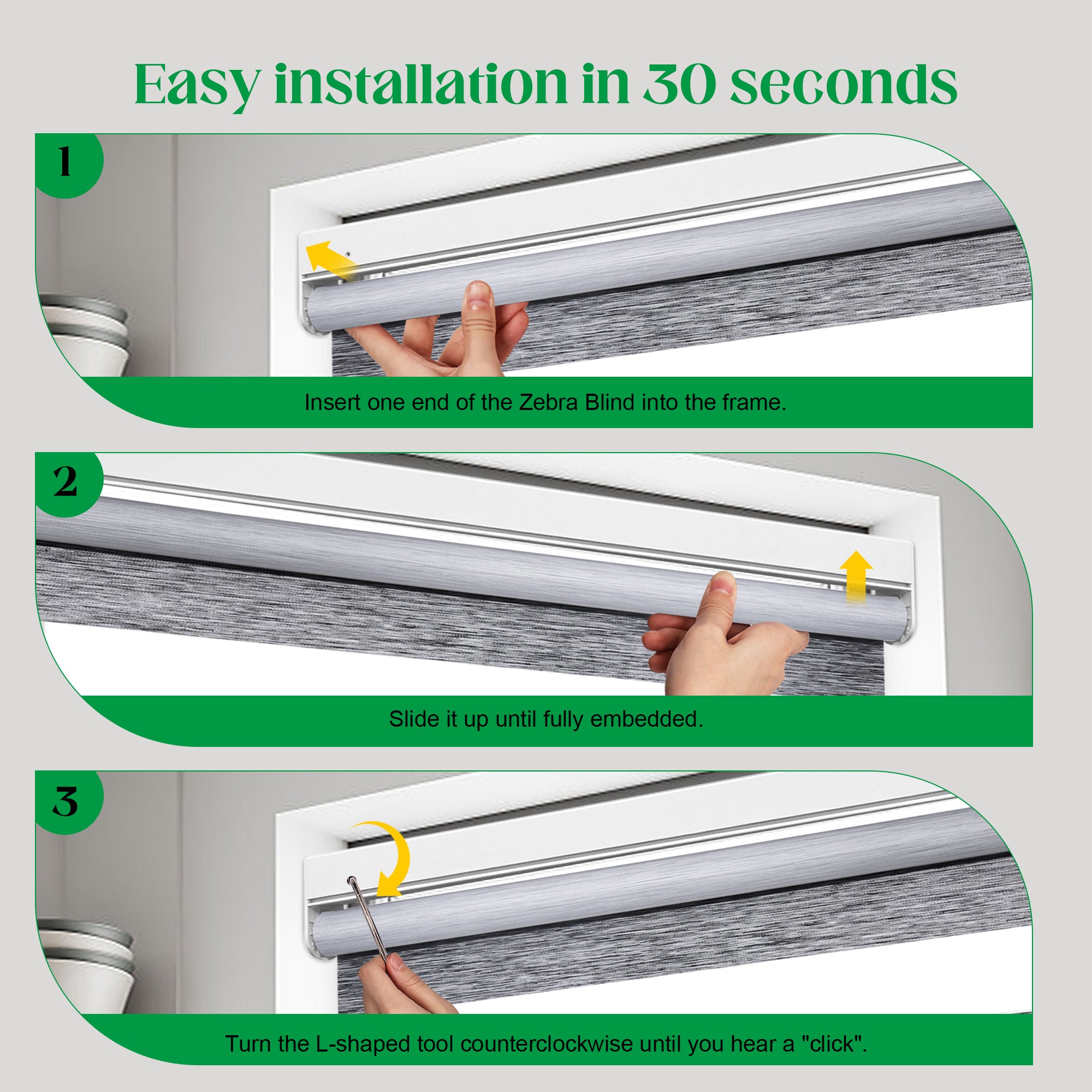 Installation guide for cordless no drill light filtering zebra blinds showing easy drill-free mounting steps for inside and outside window frames