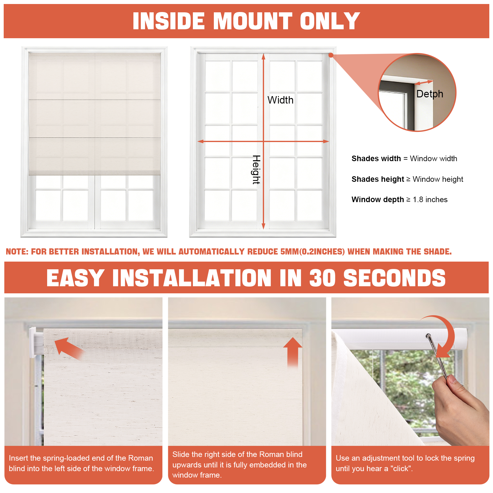 alt="How to measure and install cordless no-drill Roman shades inside mount window frame for custom fit installation"