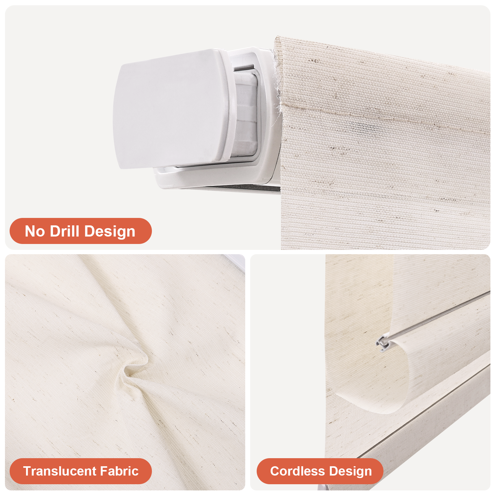 Cordless no-drill sheer Roman shade detail showing light filtering fabric, no-drill mounting system, and cordless design