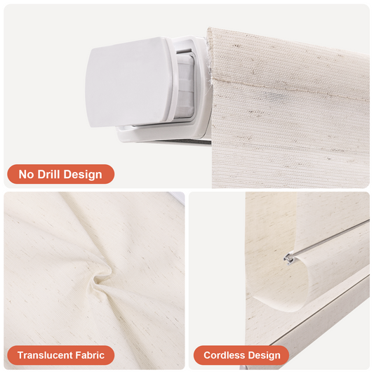 Cordless no-drill sheer Roman shade detail showing light filtering fabric, no-drill mounting system, and cordless design