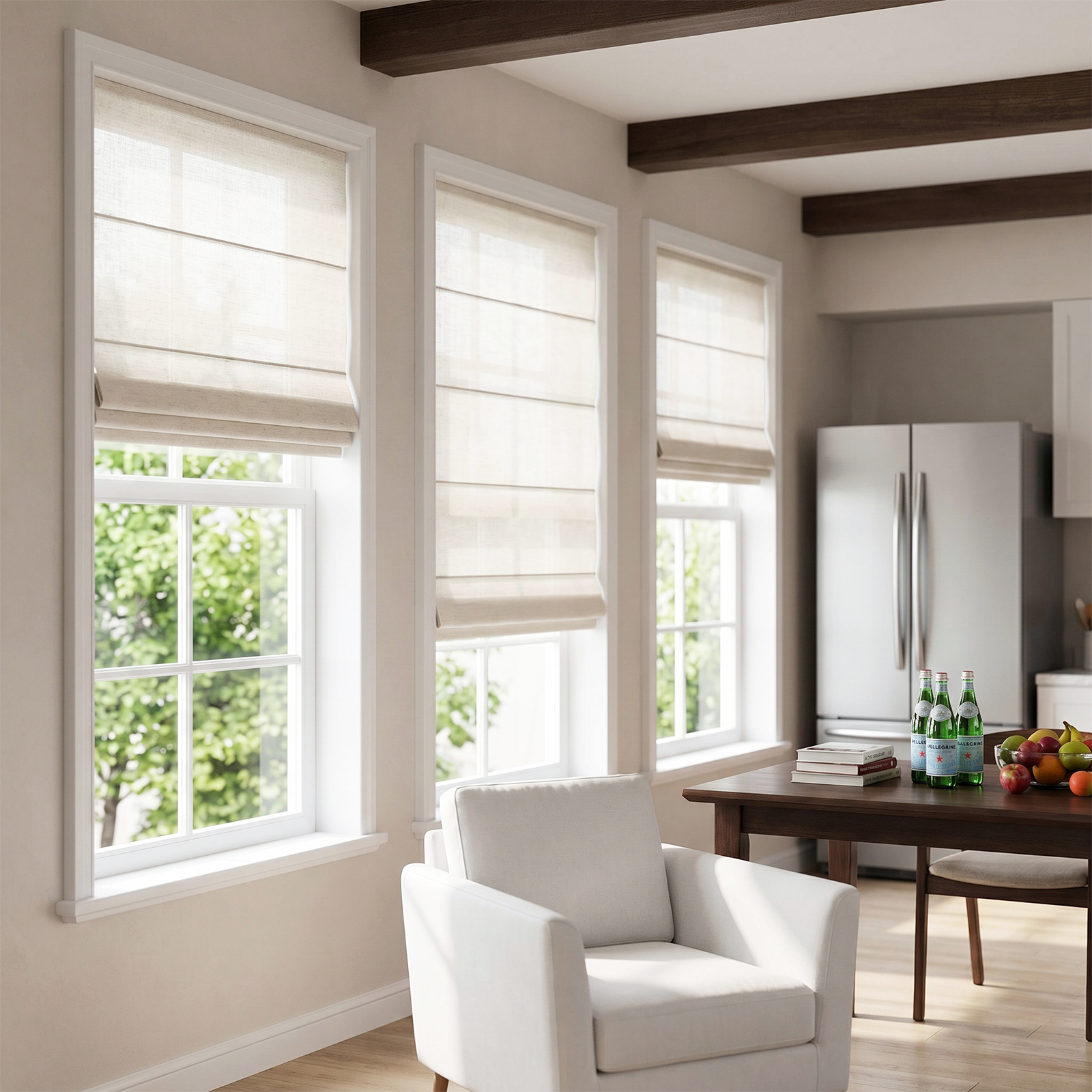 Cordless no-drill sheer Roman shades installed in living room providing soft natural light and modern window treatment