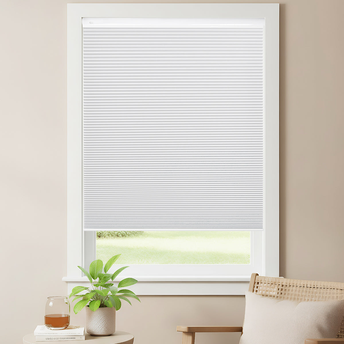 Modern hall with cordless no-drill top down bottom up blackout honeycomb shades, adjustable light filtering and stylish design
