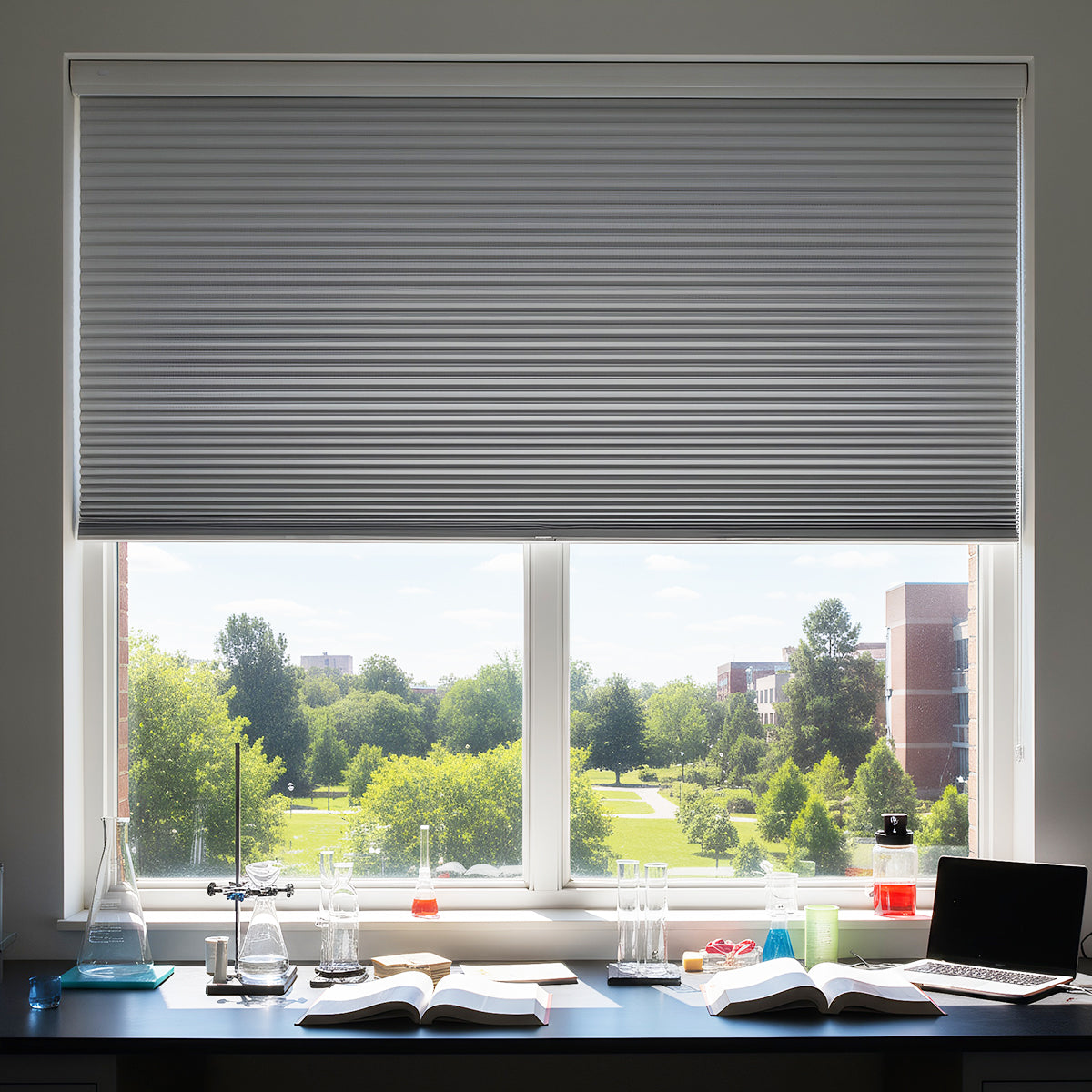 Cordless no-drill top down bottom up blackout honeycomb shades tested in a laboratory setting, demonstrating light blocking performance and material quality