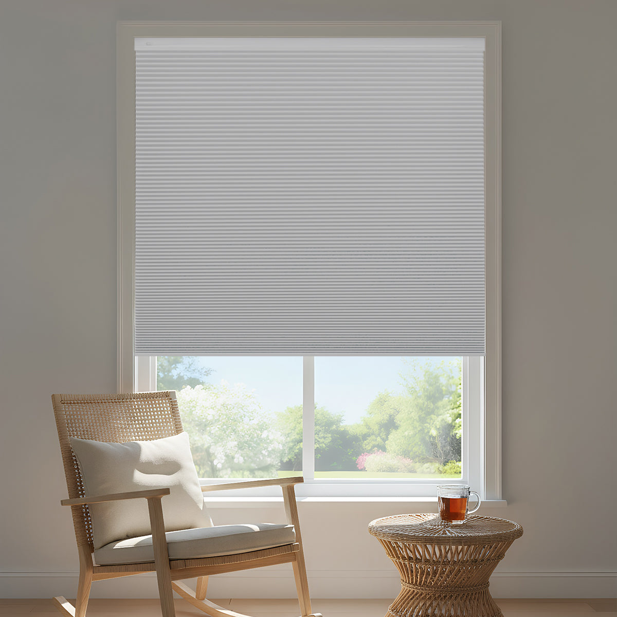 Cordless no-drill top down bottom up blackout honeycomb shades installed in living room, modern style, adjustable light control and privacy