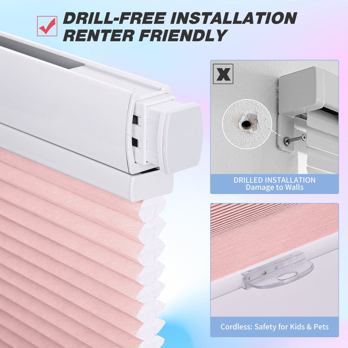 Cordless No Drill Top Down Bottom Up Honeycomb Shade Installation Comparison No Drill vs Drill Mount