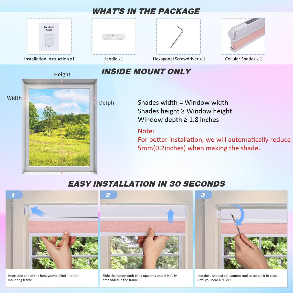 Cordless No Drill Top Down Bottom Up Light Filtering Honeycomb Shade Measurement and Installation Guide