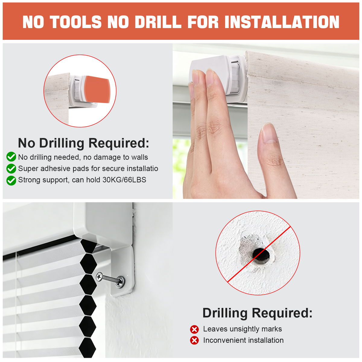 Comparison of cordless no-drill Roman shades and drilled Roman shades showing installation difference and light filtering effect
