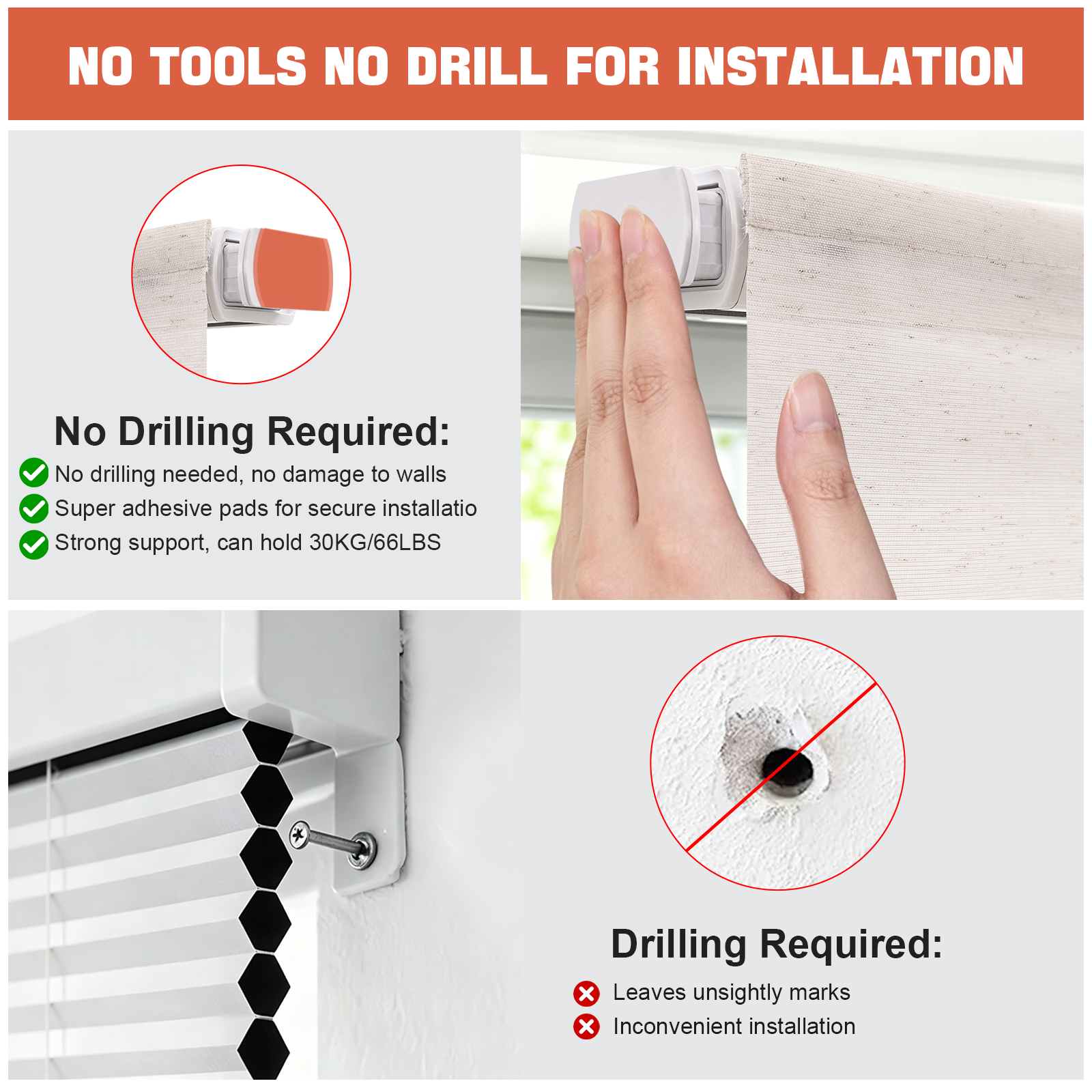Comparison of cordless no-drill Roman shades and drilled Roman shades showing installation difference and light filtering effect