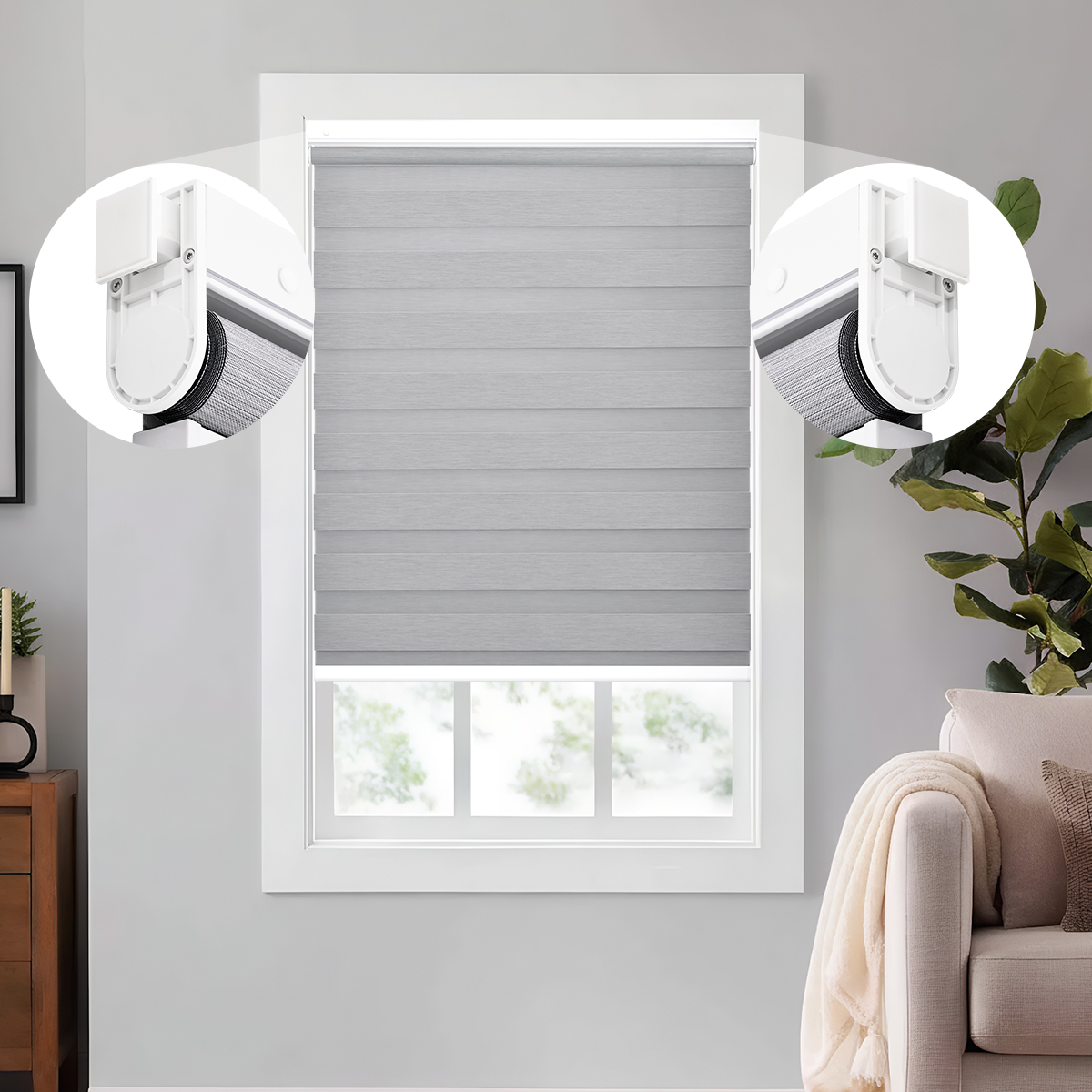 Cordless No Drill Blackout Zebra Blinds 3/4 Open Position in Living Room