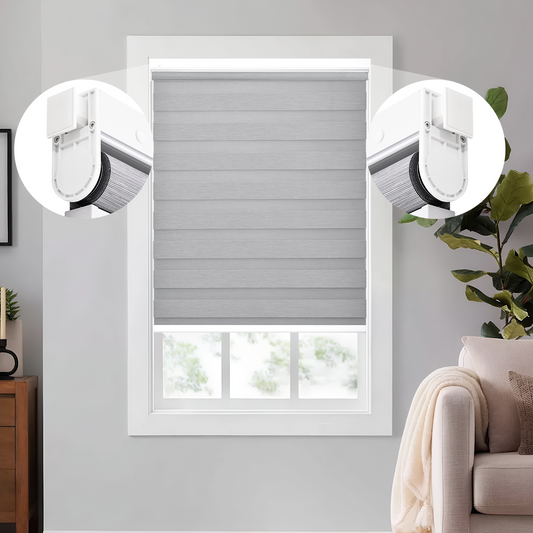 Cordless No Drill Blackout Zebra Blinds 3/4 Open Position in Living Room