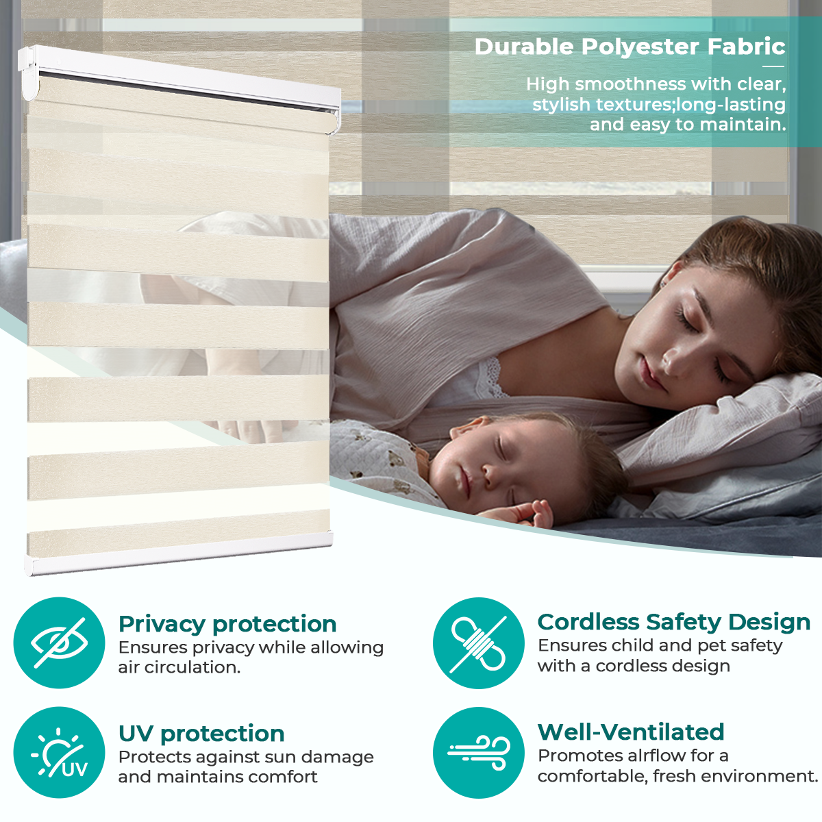 Cordless No-Drill Zebra Blinds Light Control and Privacy Function Diagram