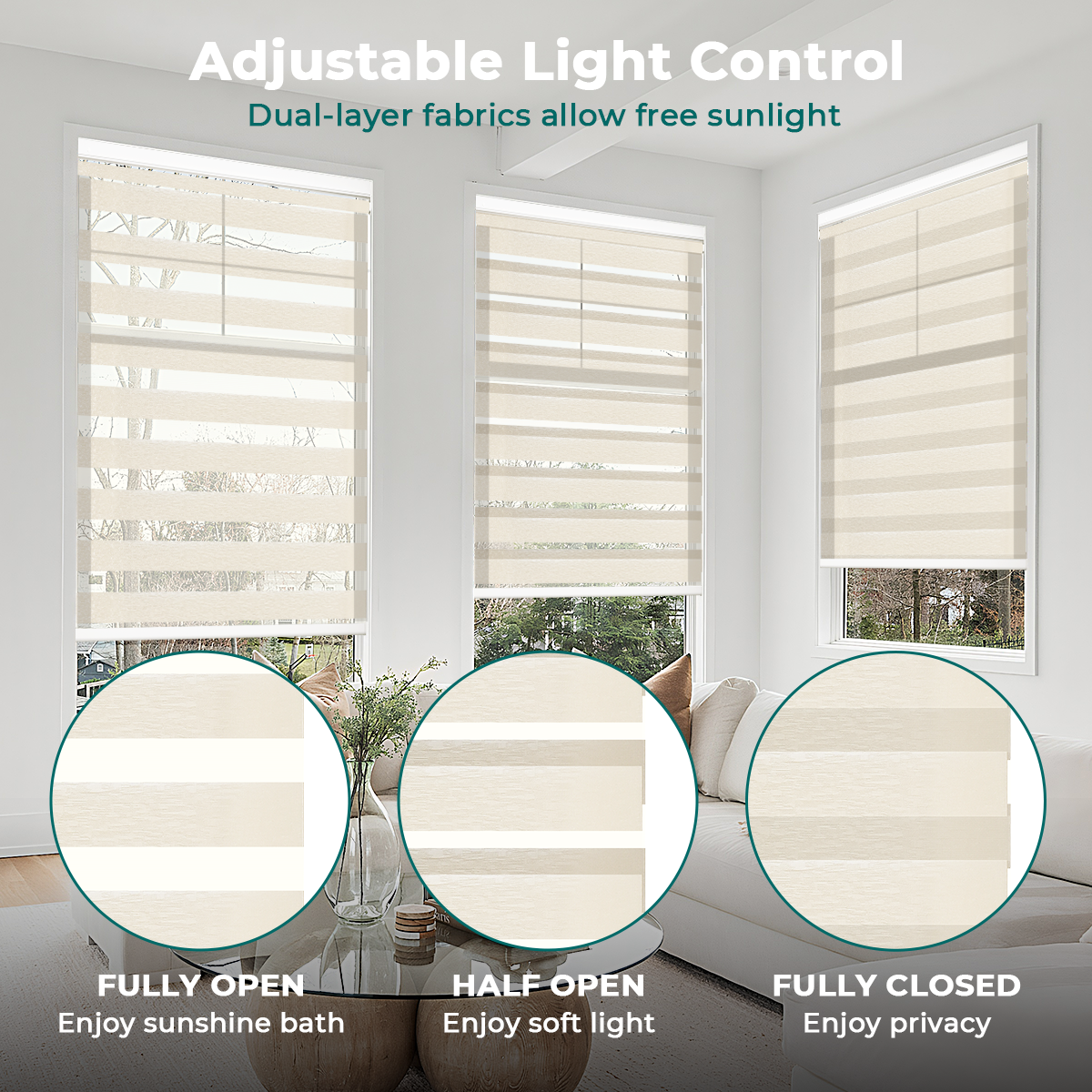 Cordless No-Drill Light Filtering Zebra Blinds Light Comparison Open and Closed