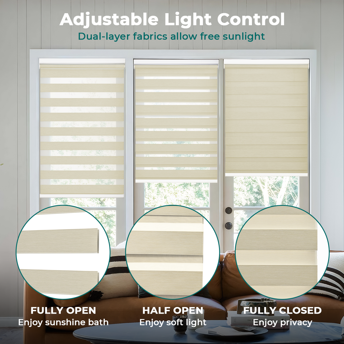 Cordless No Drill Zebra Shades Light Control Semi Closed and Fully Closed Blackout Privacy Settings