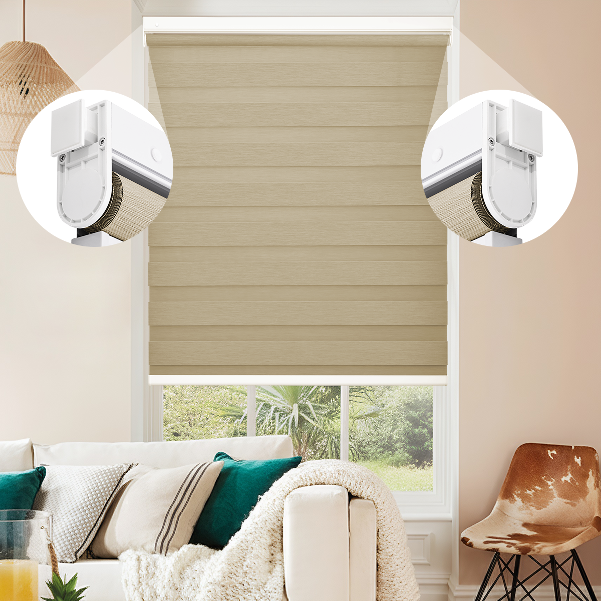 Cordless No Drill Zebra Shades Living Room Secondary View Light Filtering Window Blinds Modern Home Interior