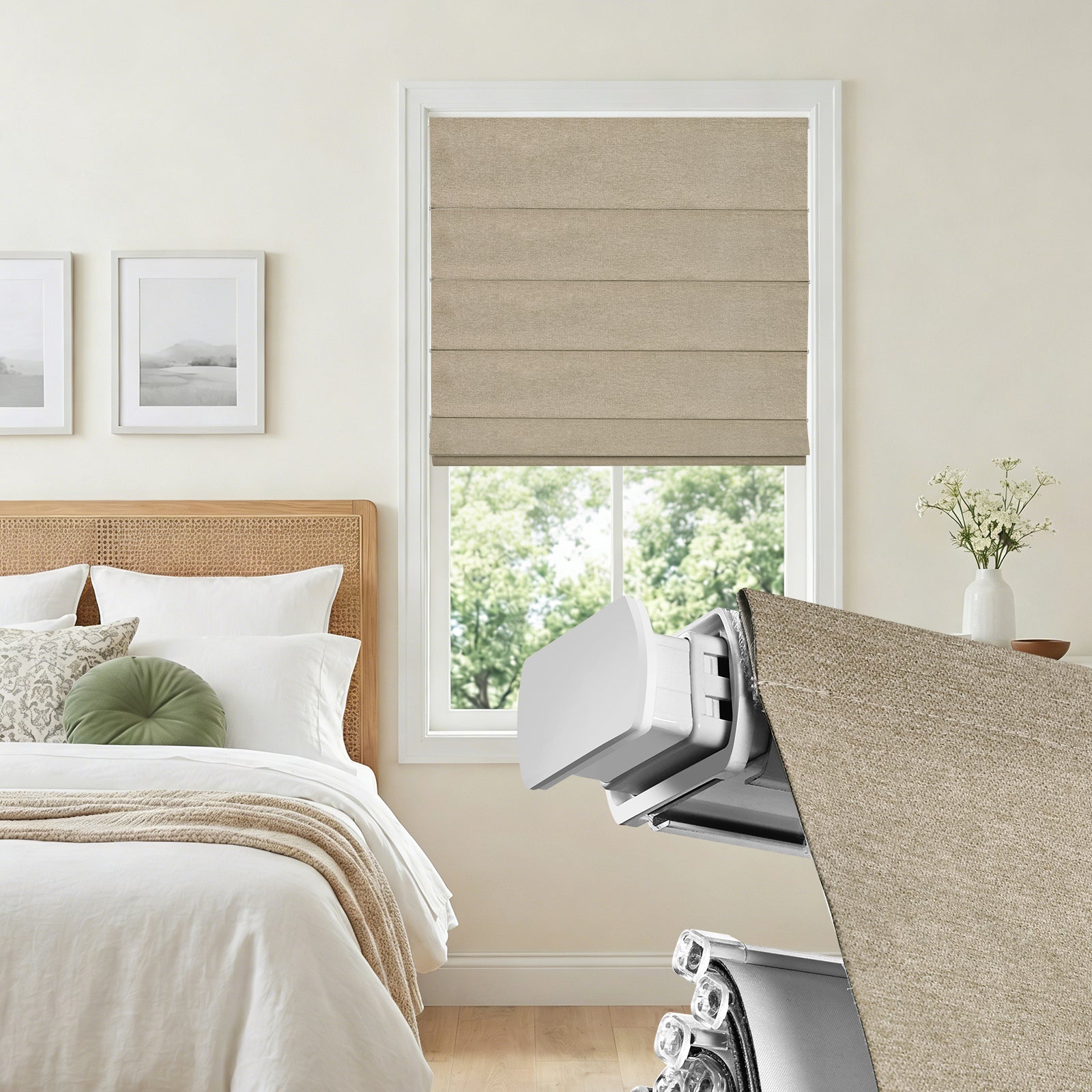 Cordless no drill blackout Roman shades installed in a modern bedroom