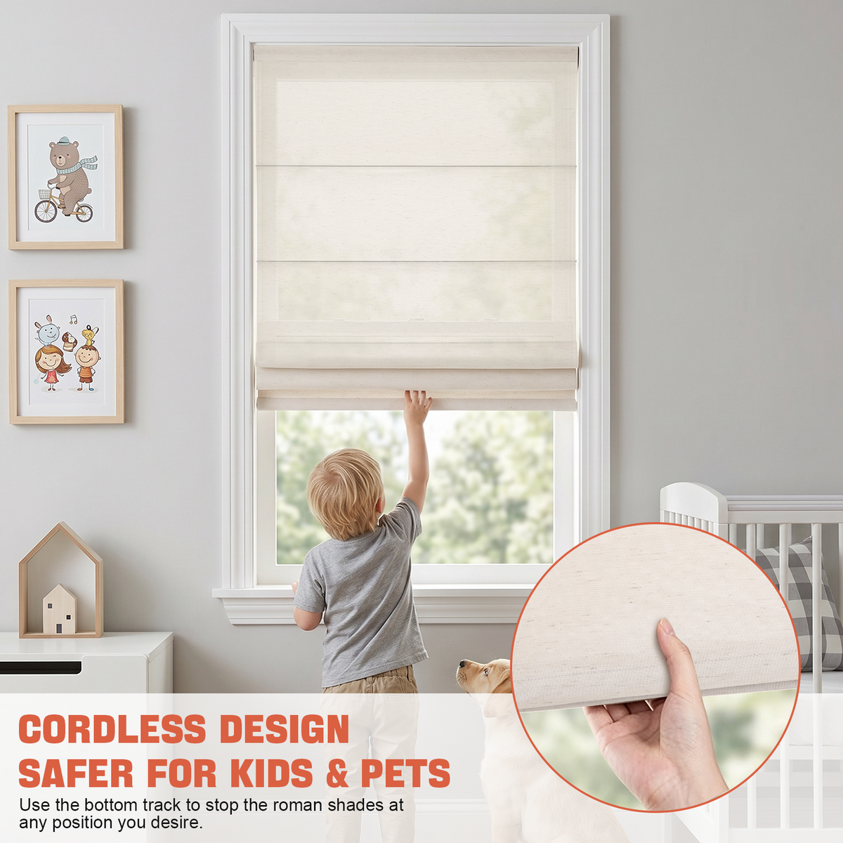 Cordless sheer Roman shades with child-safe cordless design shown in a bedroom setting for family safety