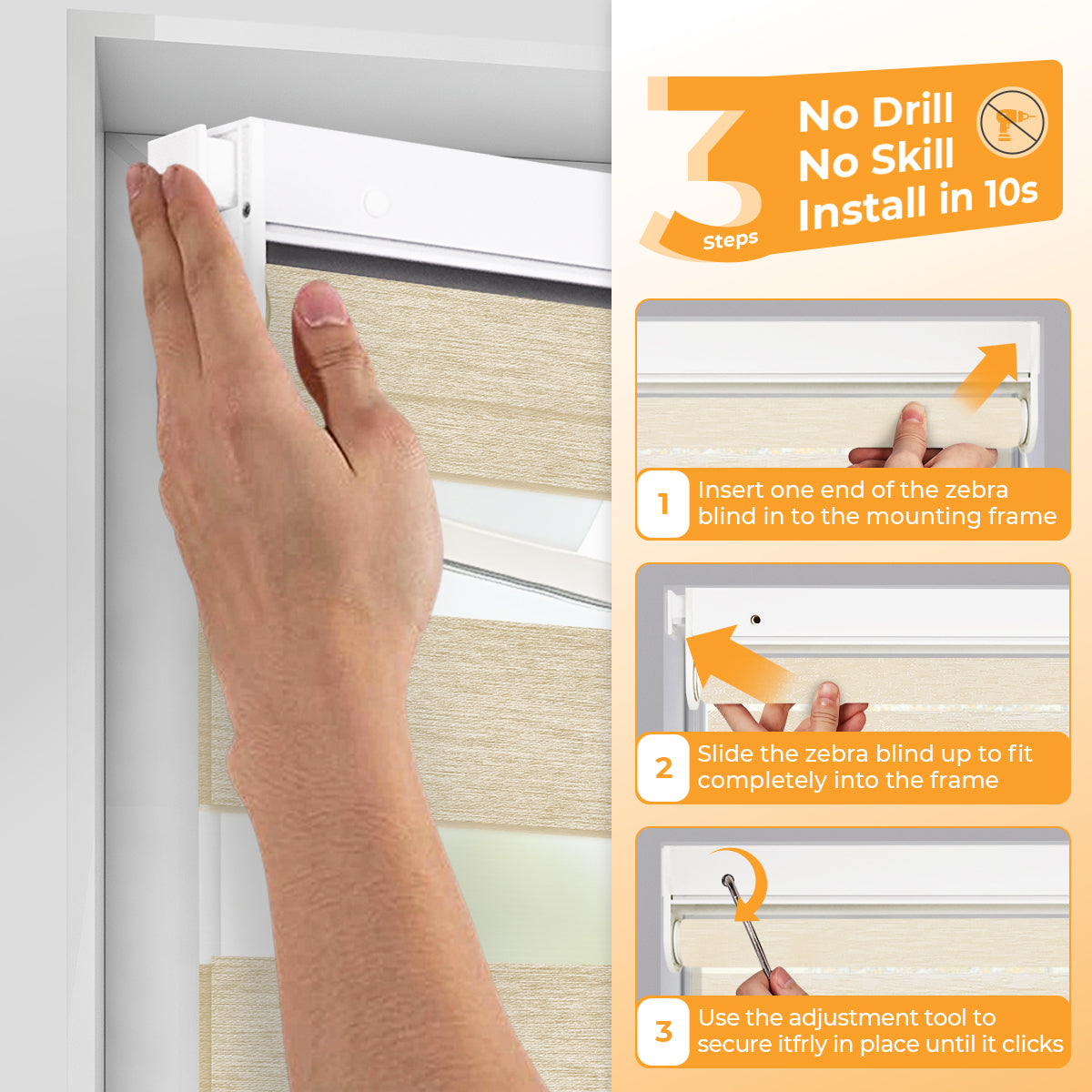 No-drill cordless zebra blind installation guide showing easy tool-free mounting