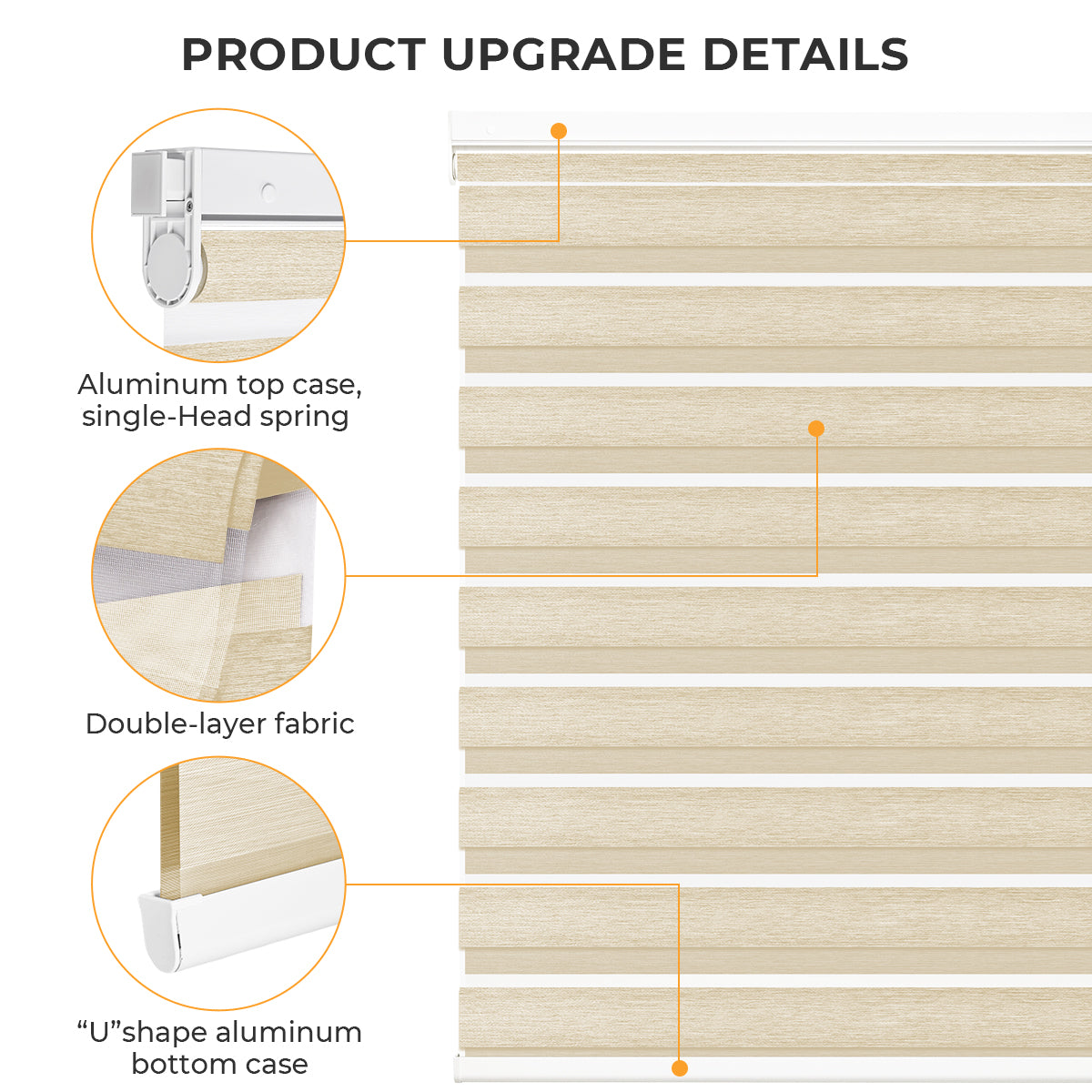No drill cordless zebra shades detail showing double-layer fabric, U-shaped aluminum bottom rail, and aluminum top case
