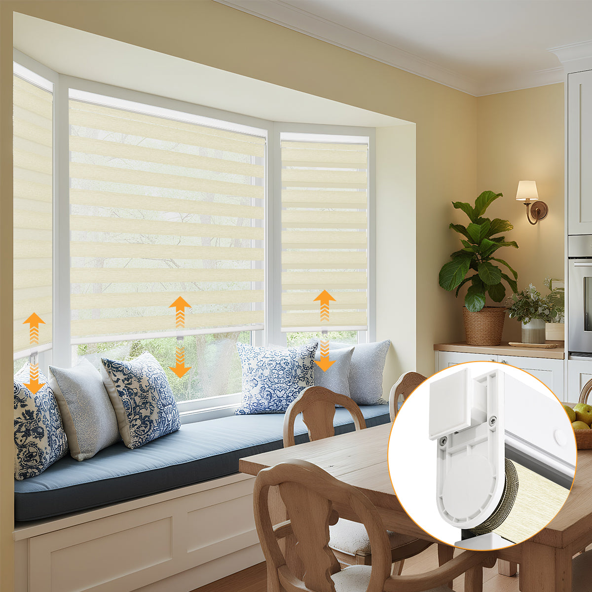 No drill cordless zebra shades installed in a modern living room filtering natural light