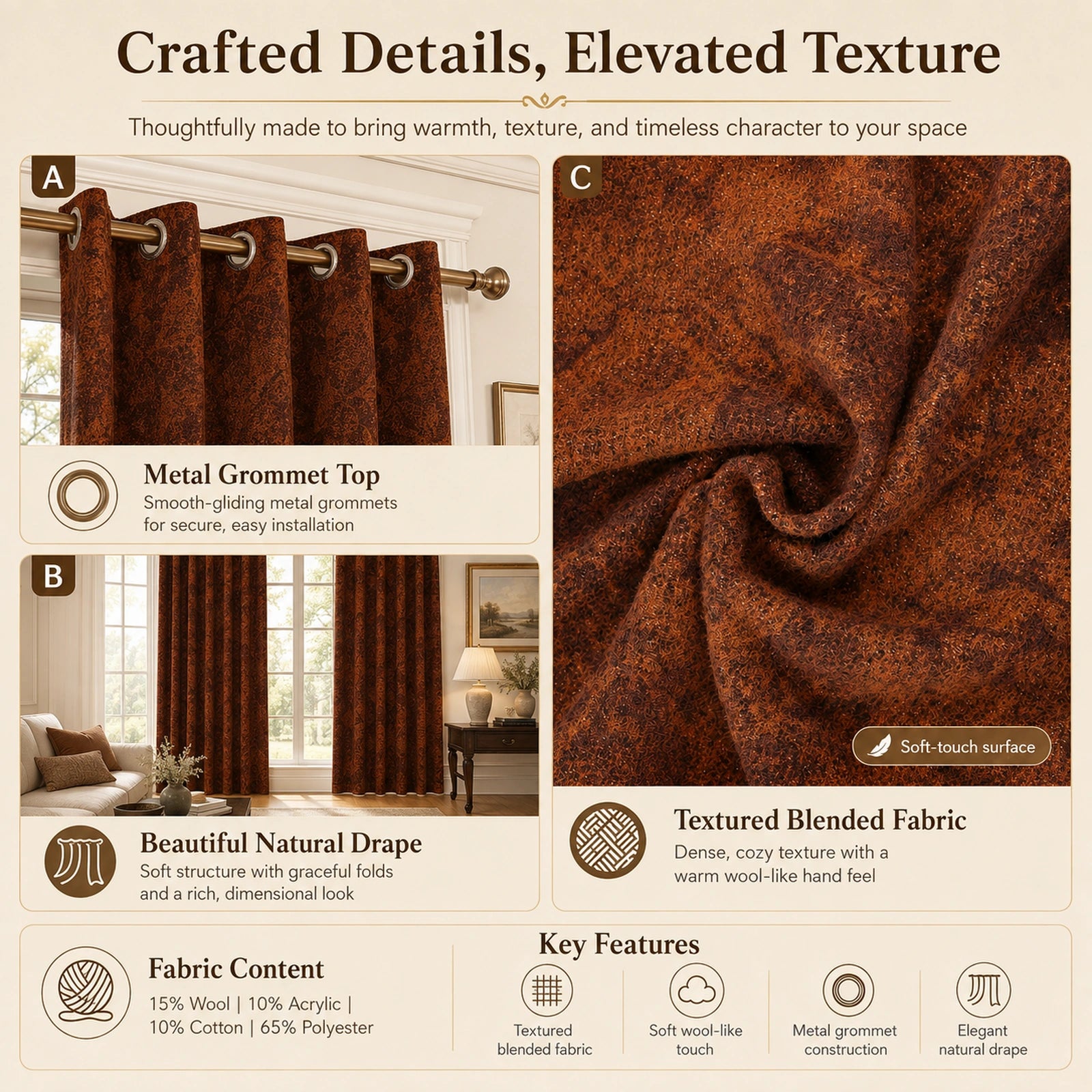Custom Wool Blend Curtains – Grommet Top Textured Drapes for Living Room & Bedroom