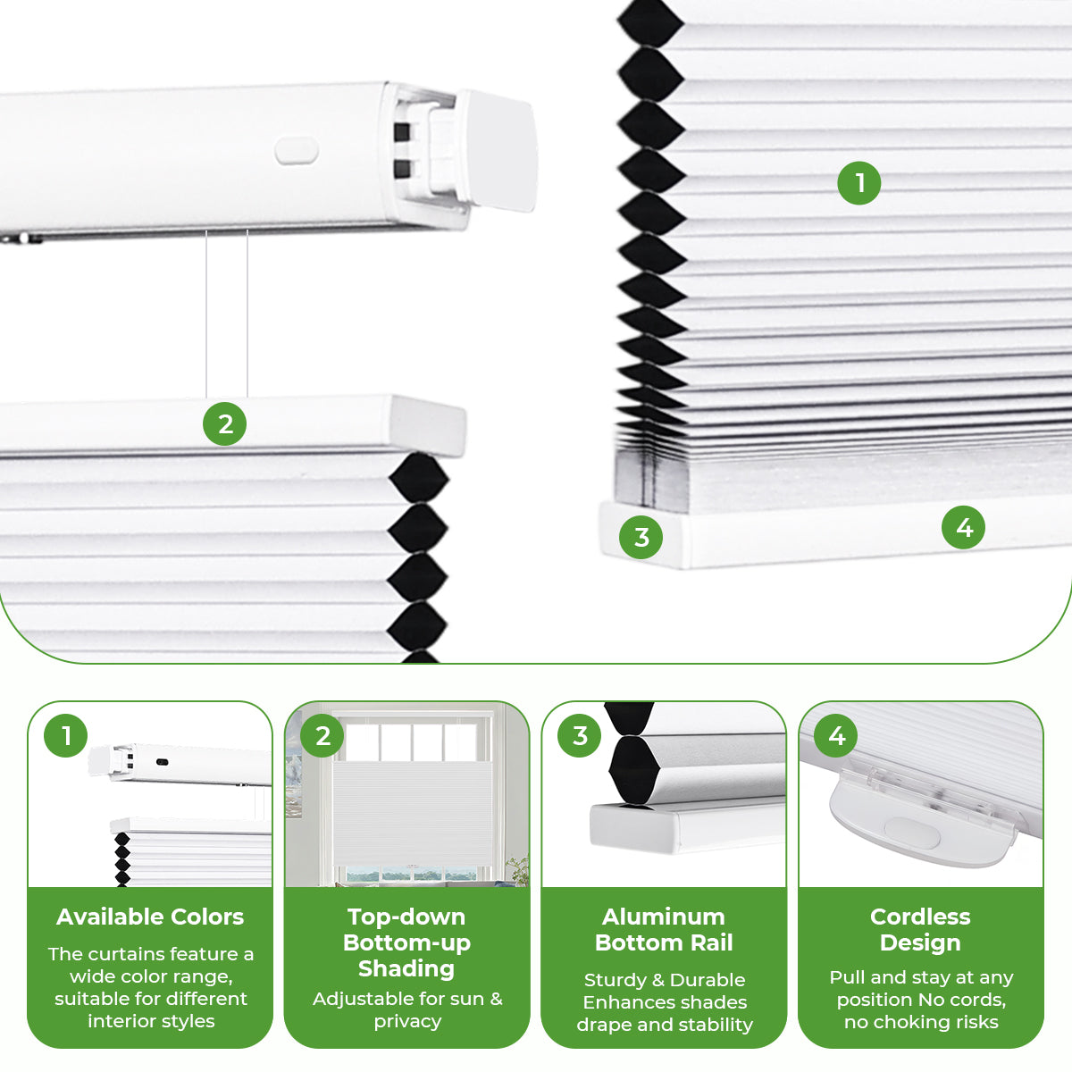 Custom blackout honeycomb shades with top down bottom up cordless design and metal bottom rail