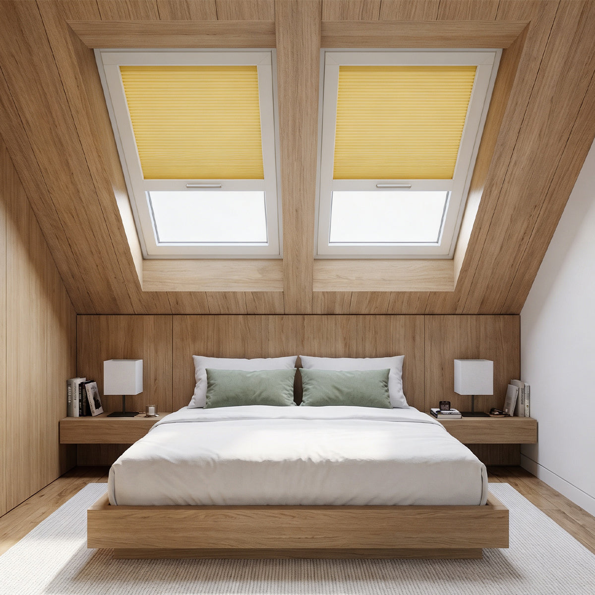 Custom Blackout Honeycomb Skylight Shades, yellow cellular blinds installed on pitched roof skylight windows in wooden attic bedroom