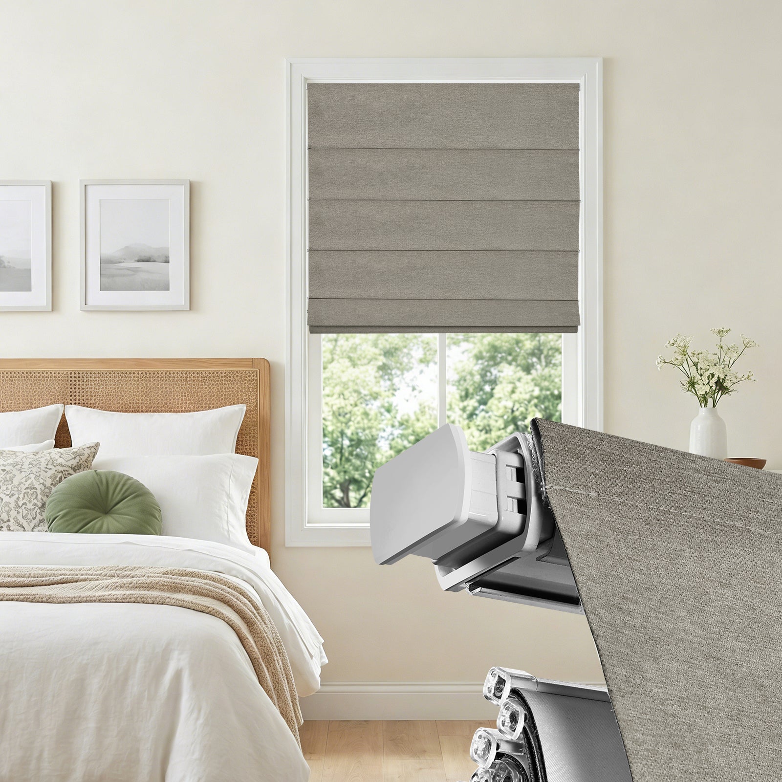 Cordless no drill blackout Roman shades installed in a modern bedroom