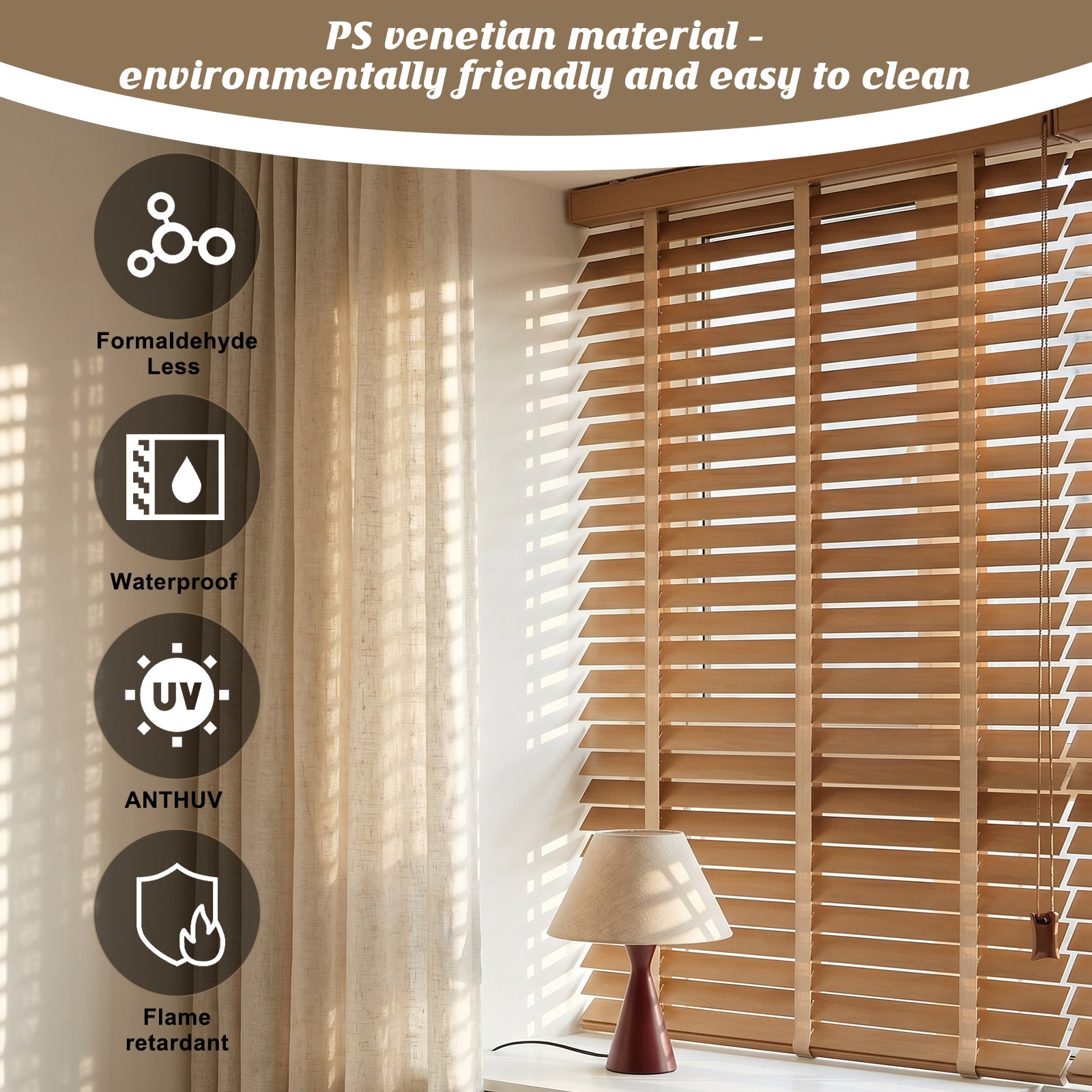 Custom corded faux wood Venetian blinds with adjustable light control and waterproof design