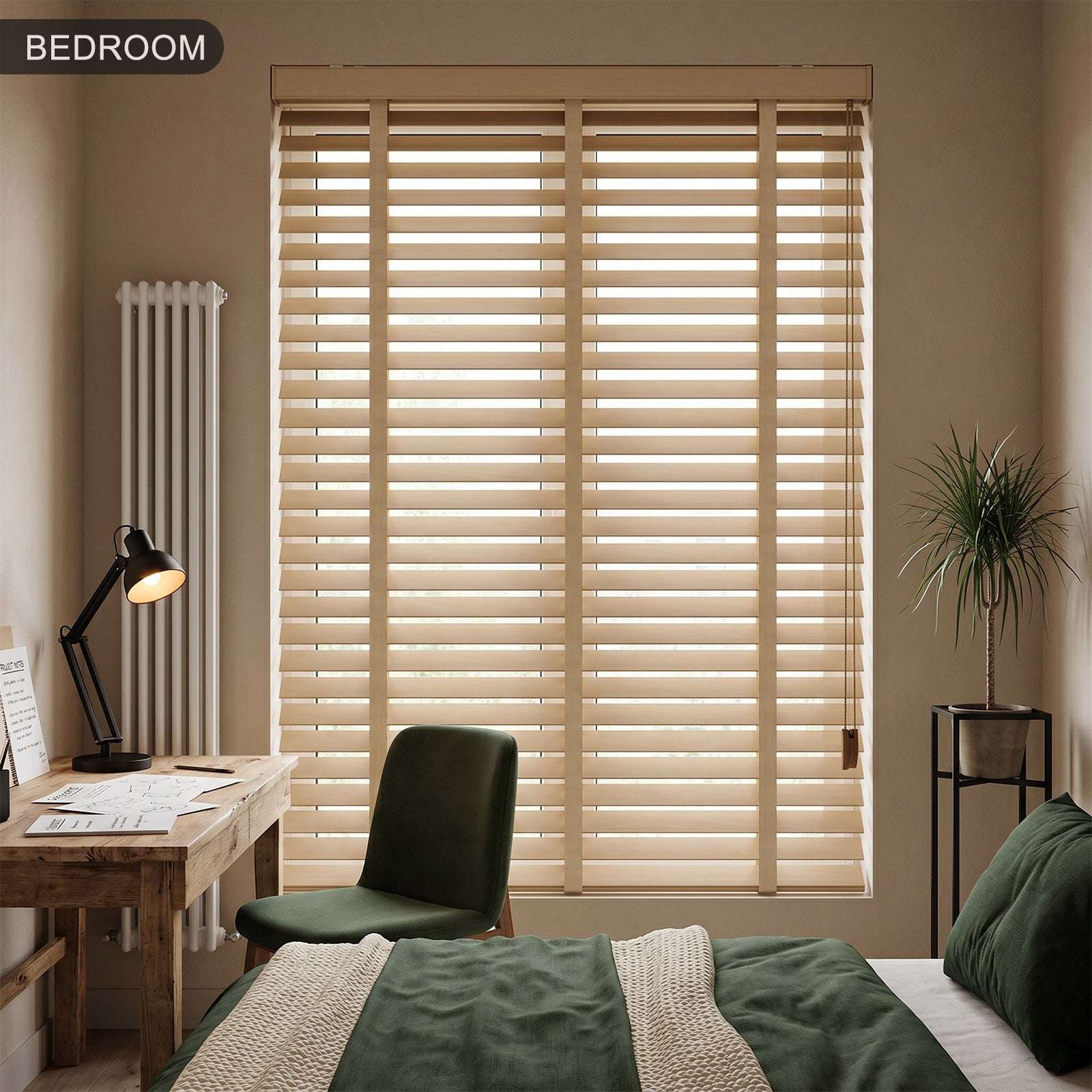 Custom corded faux wood Venetian blinds installed in a modern bedroom with adjustable light control