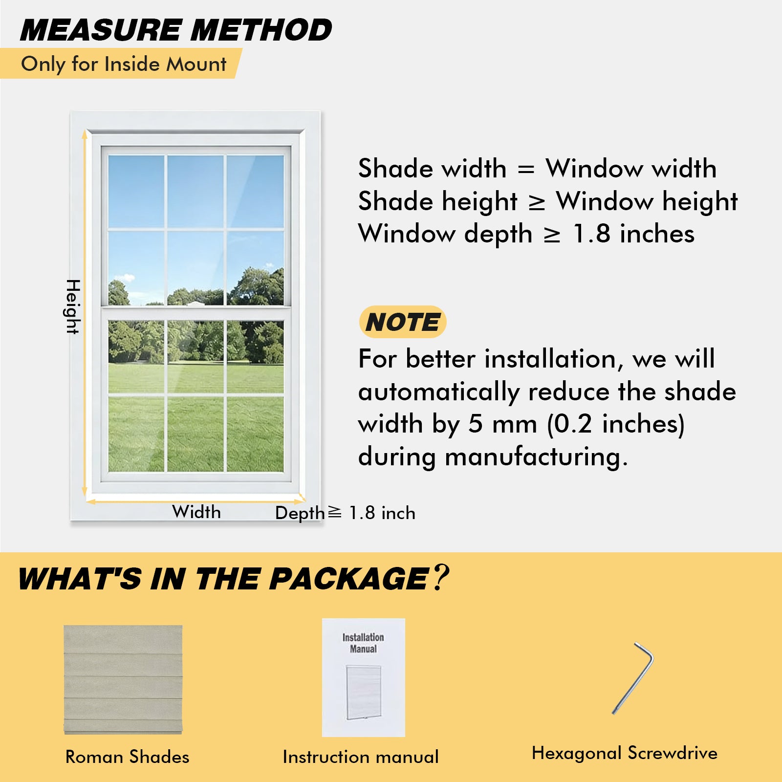 How to measure windows for custom cordless blackout Roman shades with inside mount installation