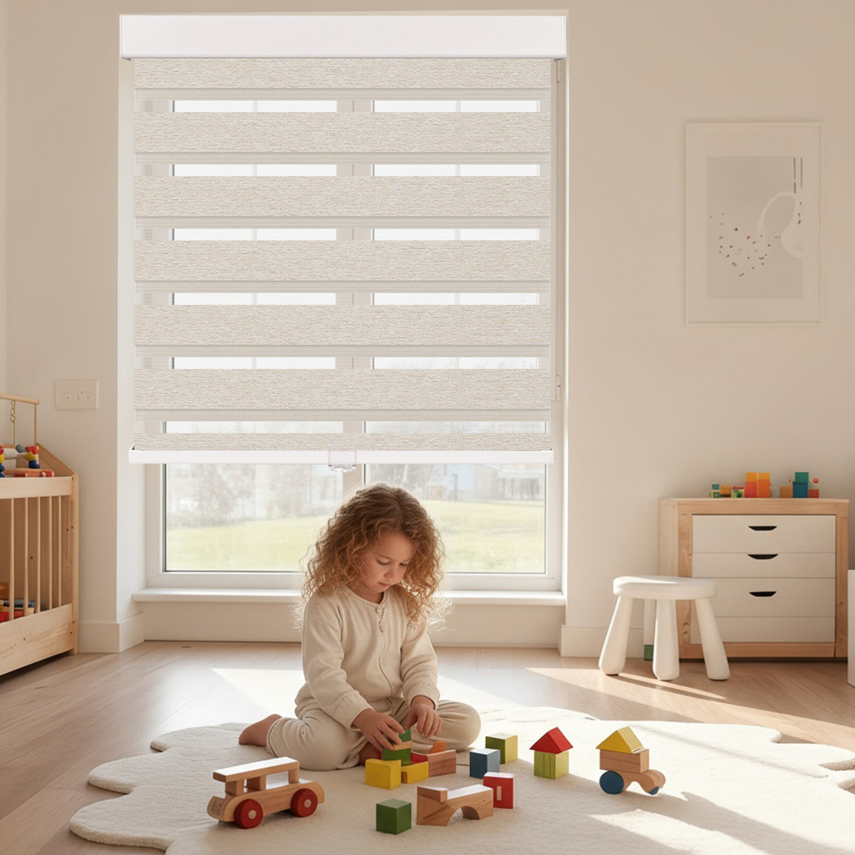 Custom cordless cassette light filtering zebra blinds designed for child safety, featuring cordless operation for a safe and modern window solution in home environments.