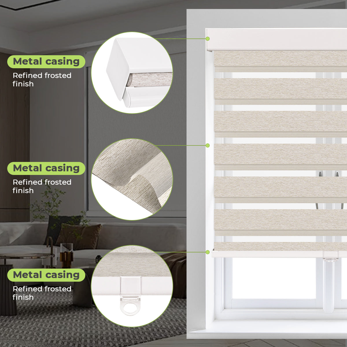 Detailed close-up of cordless cassette light filtering zebra blinds fabric, highlighting dual layer sheer and opaque stripes for adjustable light control, privacy, and modern window design.
