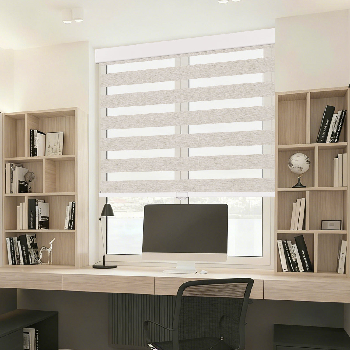 Custom cordless cassette light filtering zebra blinds for a home office, featuring dual layer fabric for soft daylight control, glare reduction, and modern privacy shading.