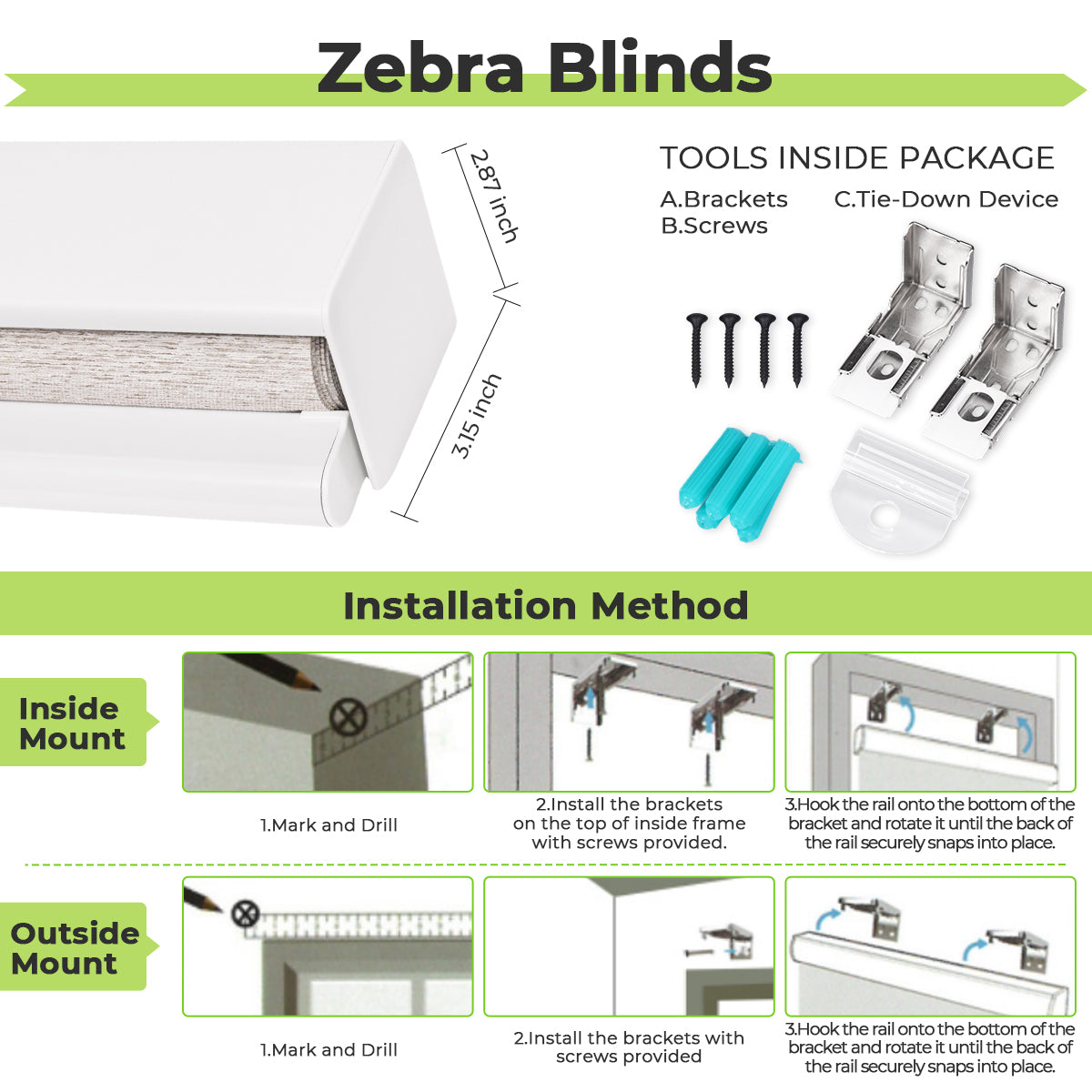 Measurement and installation guide for custom cordless cassette light filtering zebra blinds, showing size measurement and easy cordless installation steps for windows.