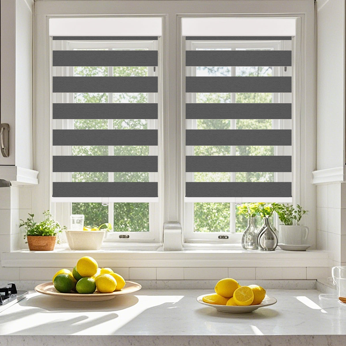 Custom cordless cassette light filtering zebra blinds in a modern kitchen setting, showcasing dual layer fabric with soft filtered light, privacy protection, and easy cordless operation.