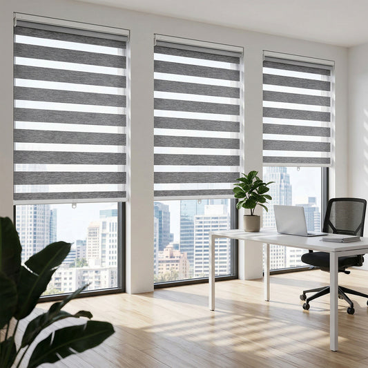 Custom Cordless No Drill Light Filtering Zebra Shades for Office Windows