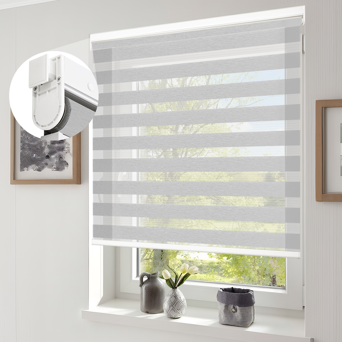 Custom Cordless No Drill Zebra Blinds for Bedroom Windows with Light Filtering Day and Night Fabric