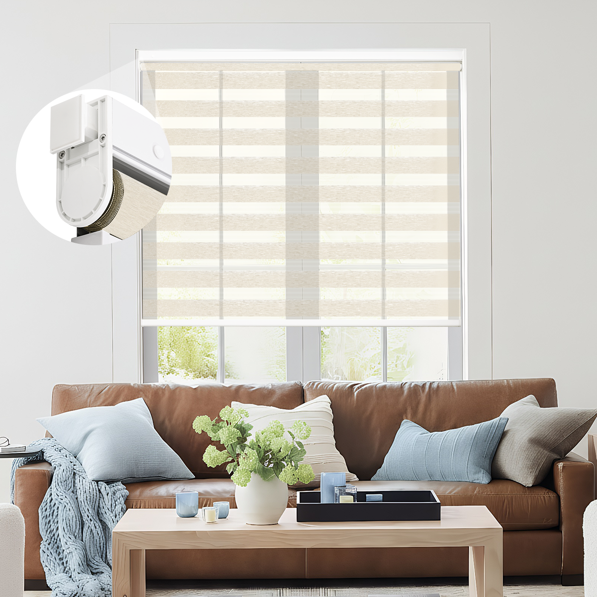 Custom Cordless No Drill Zebra Blinds for Living Room Windows with Light Filtering Day and Night Fabric