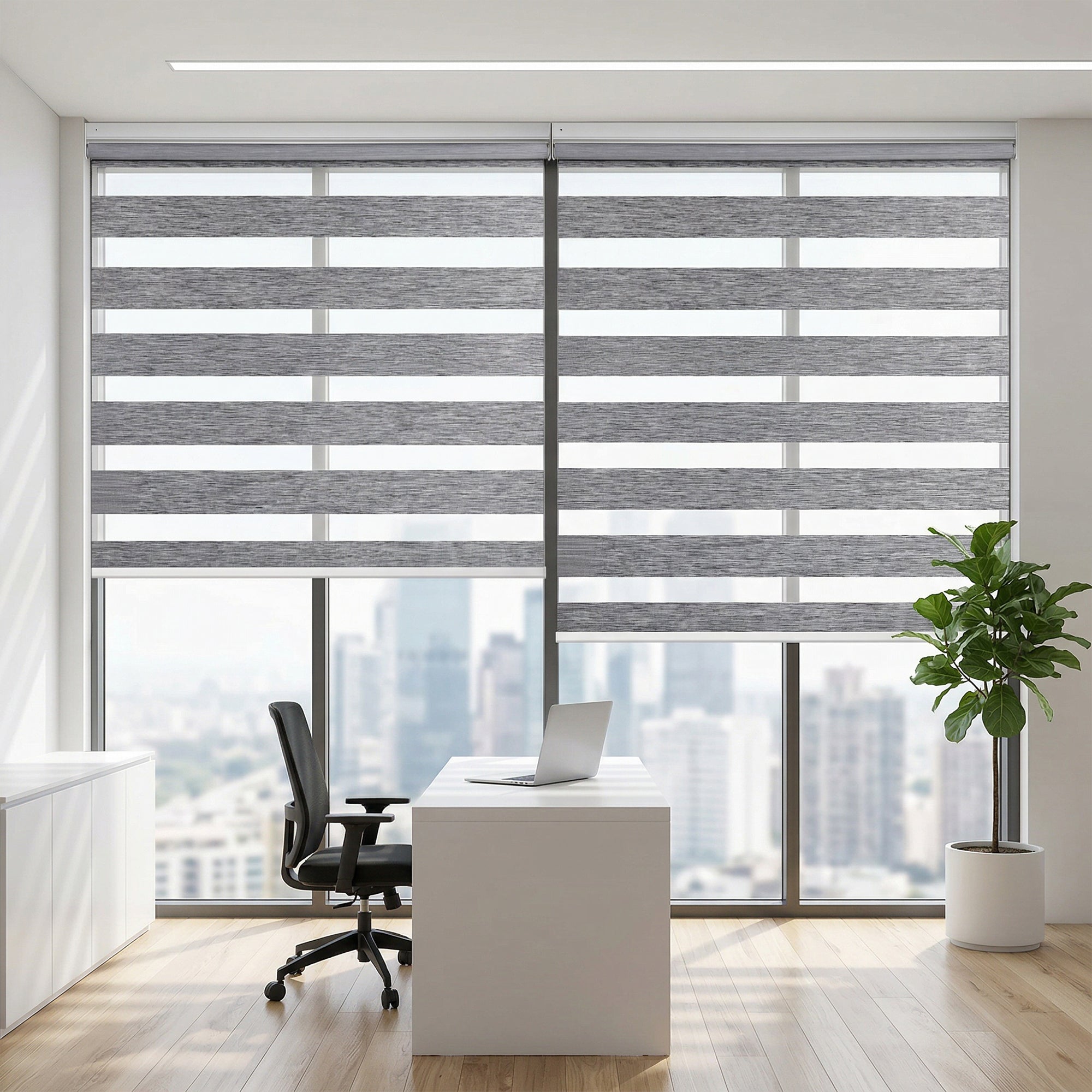 Custom cordless no drill zebra blinds for office windows featuring light filtering fabric, child safe operation and easy installation