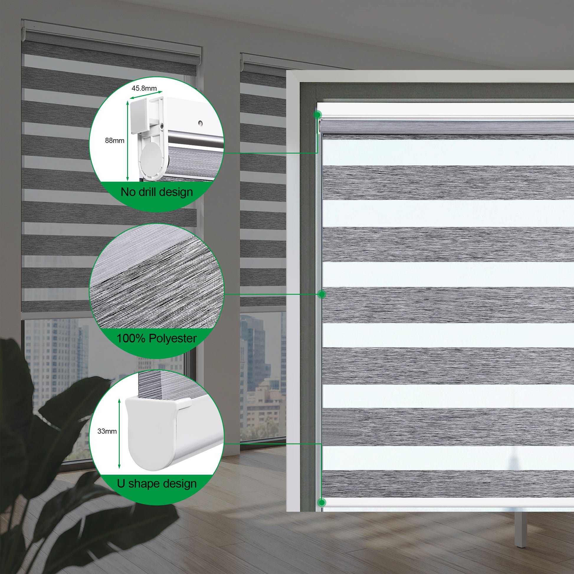 Custom cordless no drill light filtering zebra blinds product detail showing dual layer fabric, premium hardware and easy installation design