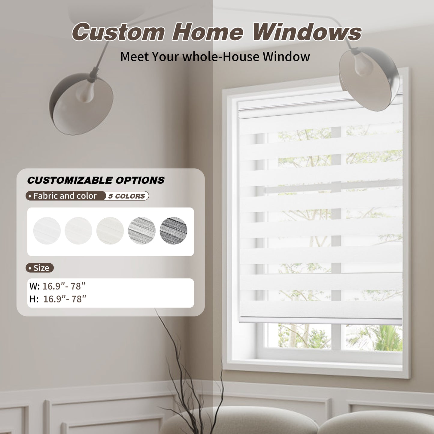 Custom no drill cordless zebra shades with available color selections and size range, showing fabric options and adjustable width and height for windows