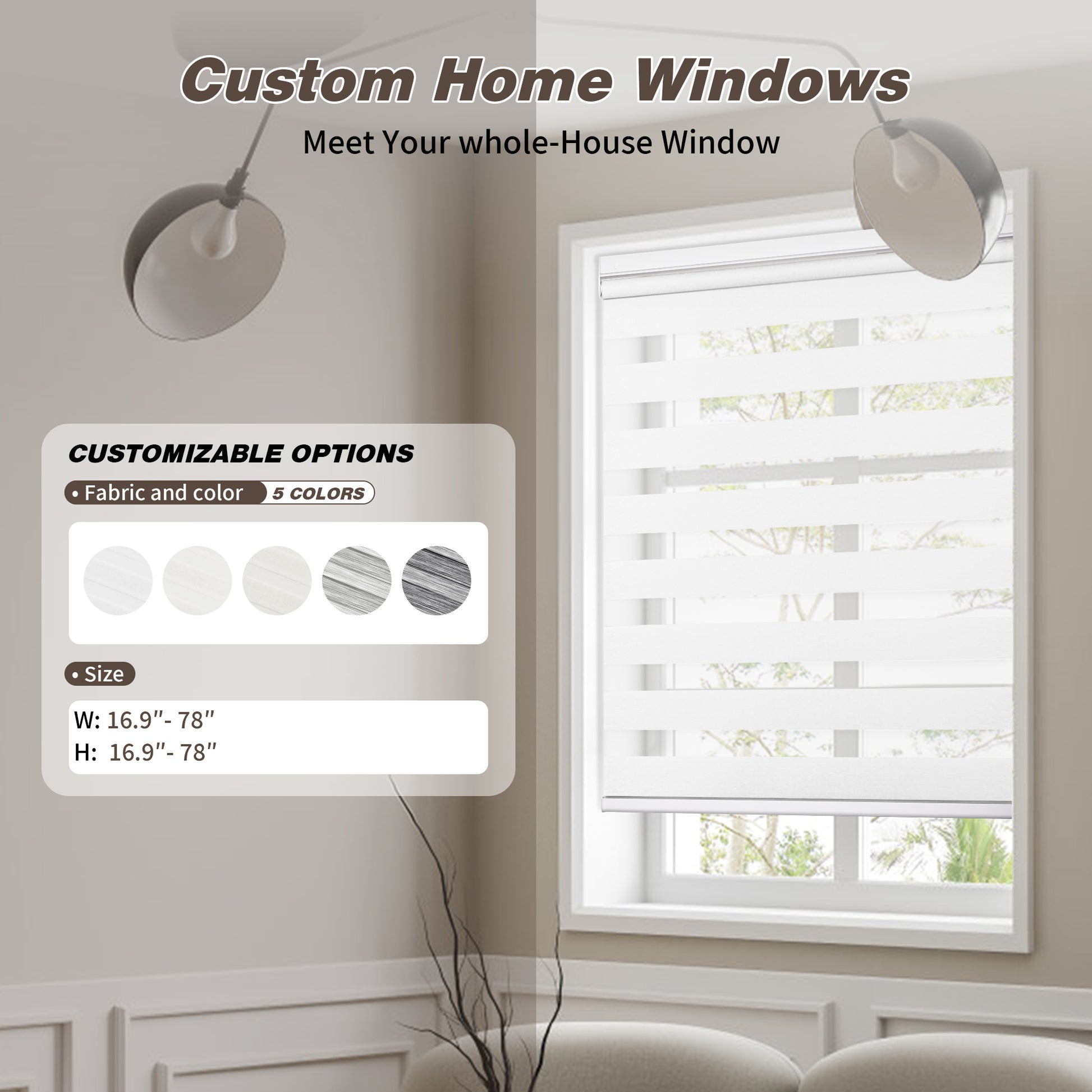 Custom no drill cordless zebra shades with available color selections and size range, showing fabric options and adjustable width and height for windows