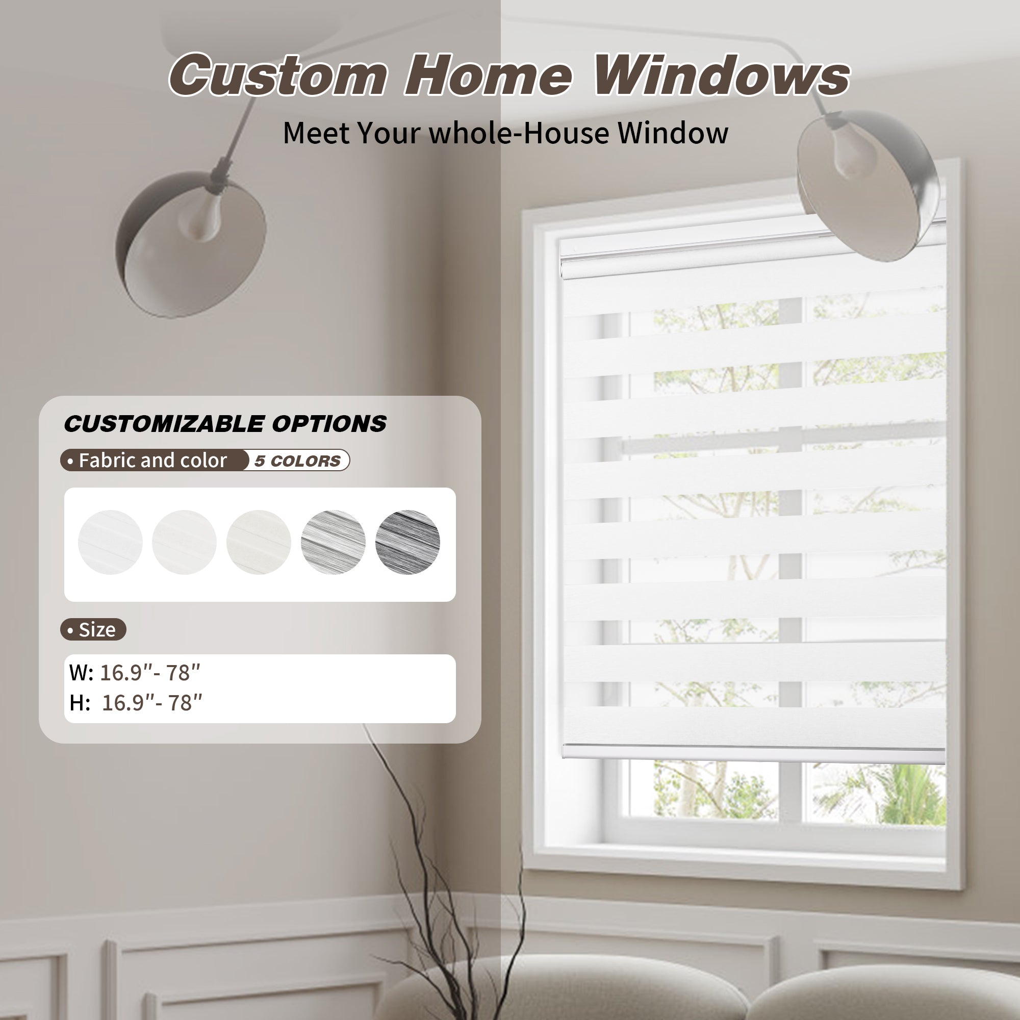 Custom no drill cordless zebra shades with available color selections and size range, showing fabric options and adjustable width and height for windows