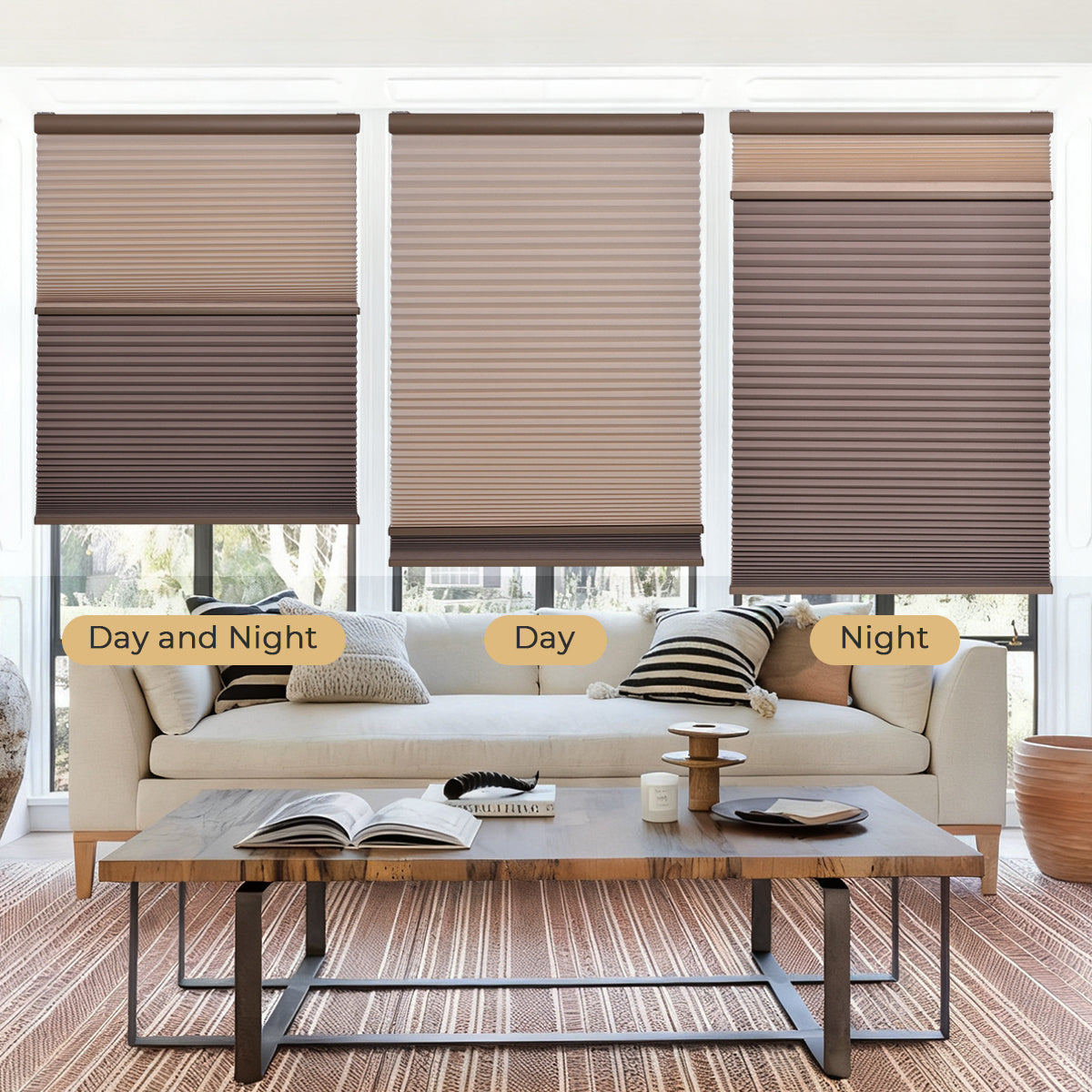 Custom Day Night Cellular Shades installed in a living room showing blackout effect with dual layer honeycomb fabric for privacy and light control
